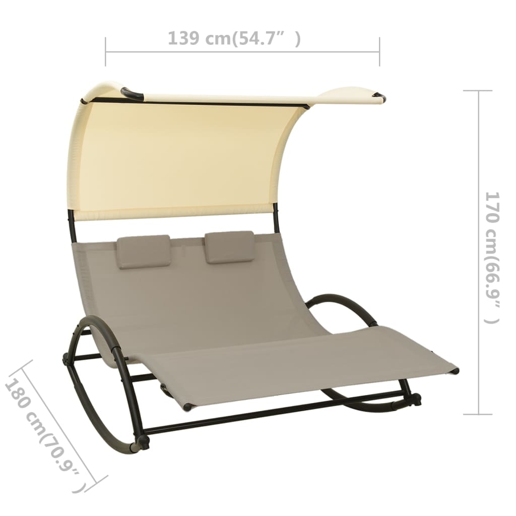 Chaise longue double avec auvent Textilène Taupe et crème