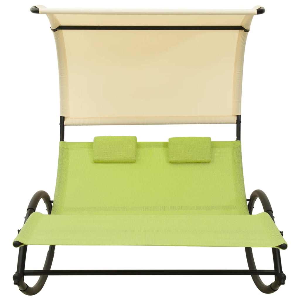 Chaise longue double avec auvent textilène vert et crème