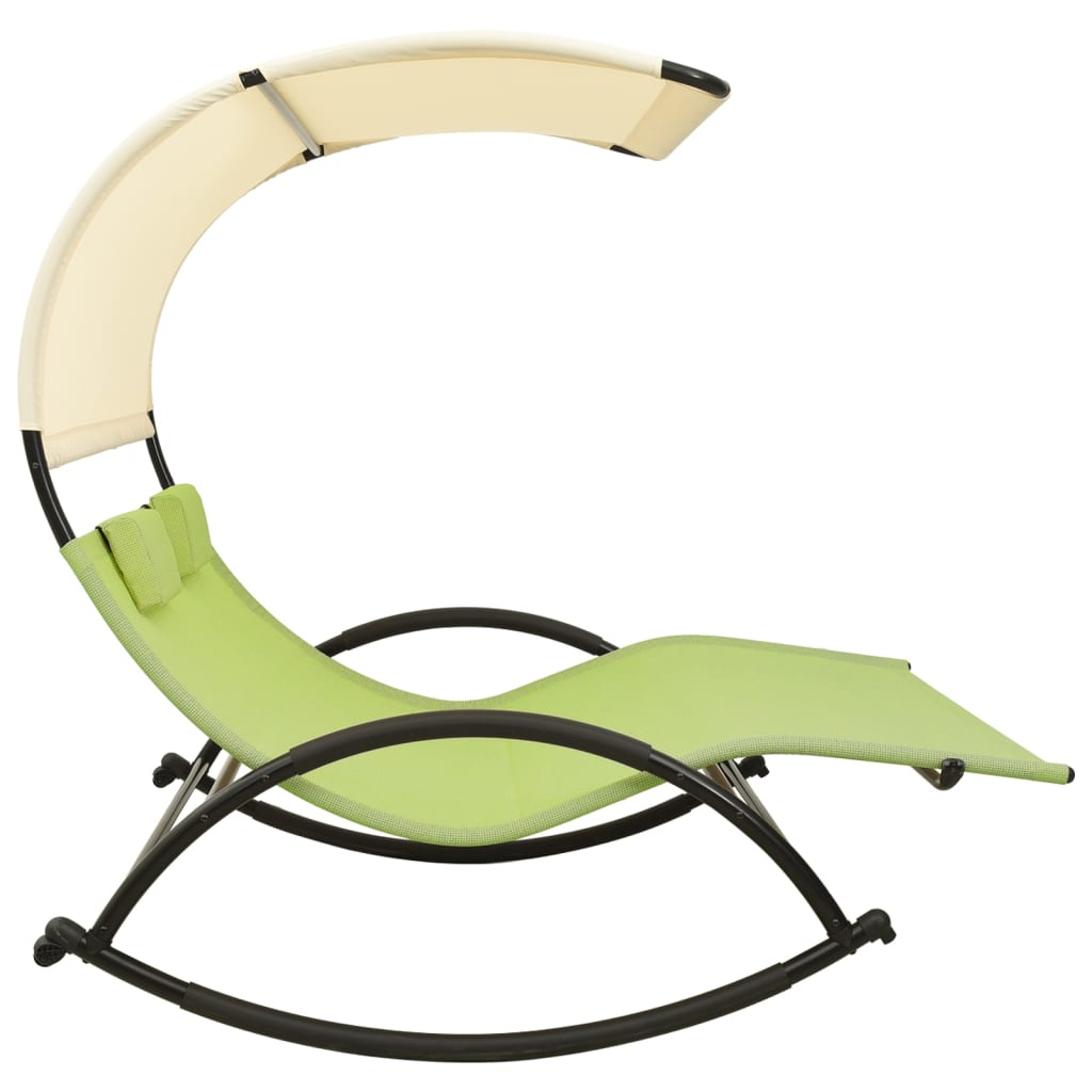 Chaise longue double avec auvent textilène vert et crème