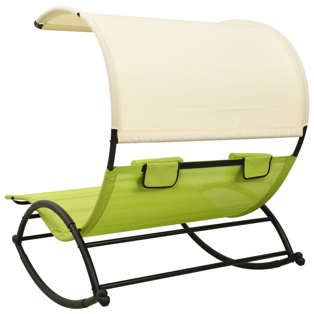 Chaise longue double avec auvent textilène vert et crème