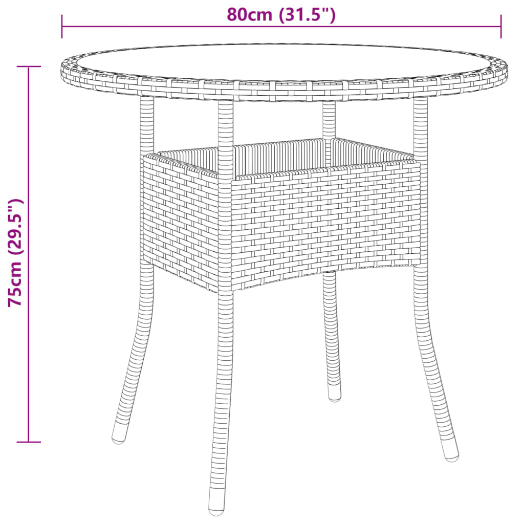 Table de jardin Ø80x75 cm Verre trempé/résine tressée Beige