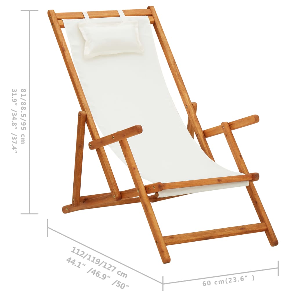 Chaise pliable de plage Bois d'eucalyptus solide et tissu Crème