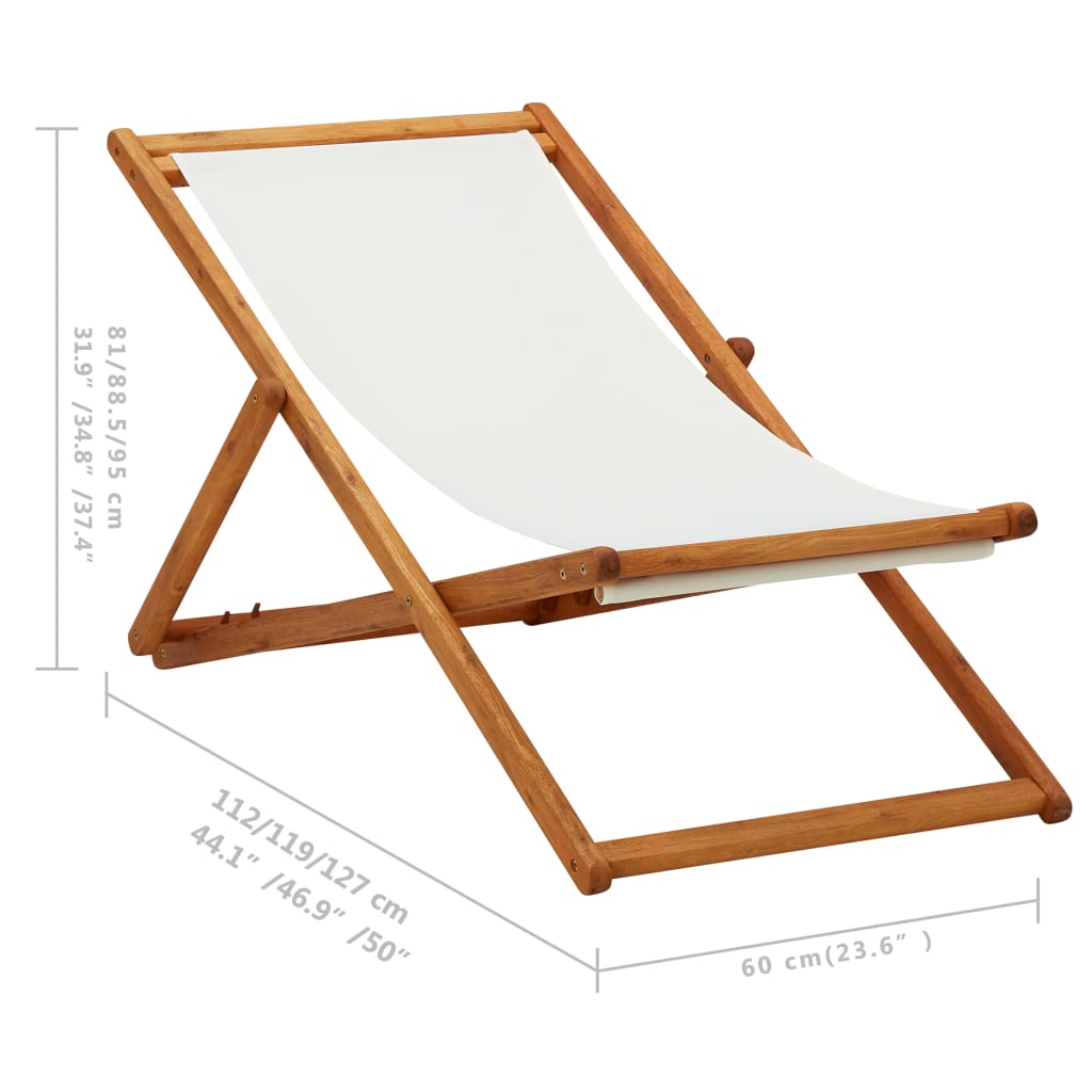 Chaise pliable de plage bois d'eucalyptus et tissu blanc crème