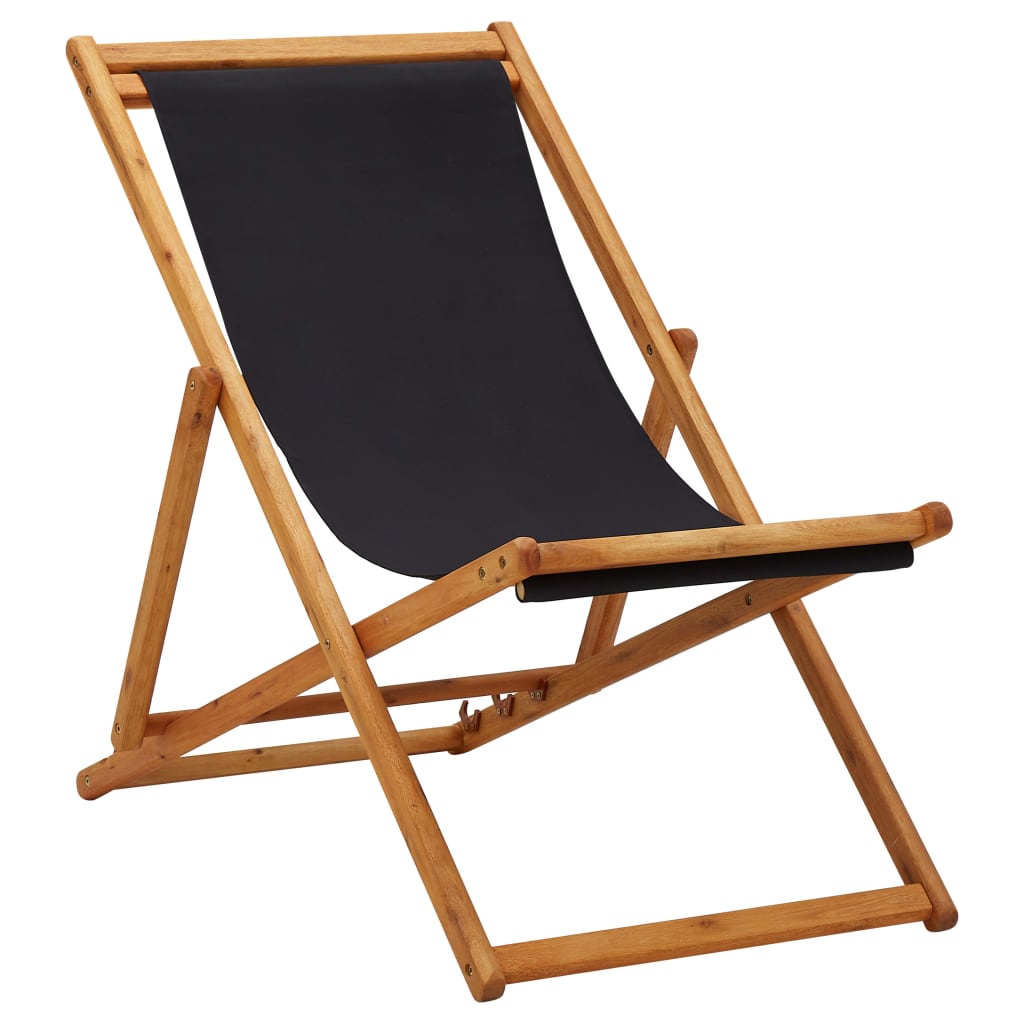 Chaise pliable de plage bois d'eucalyptus et tissu noir