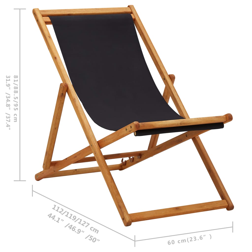 Chaise pliable de plage bois d'eucalyptus et tissu noir