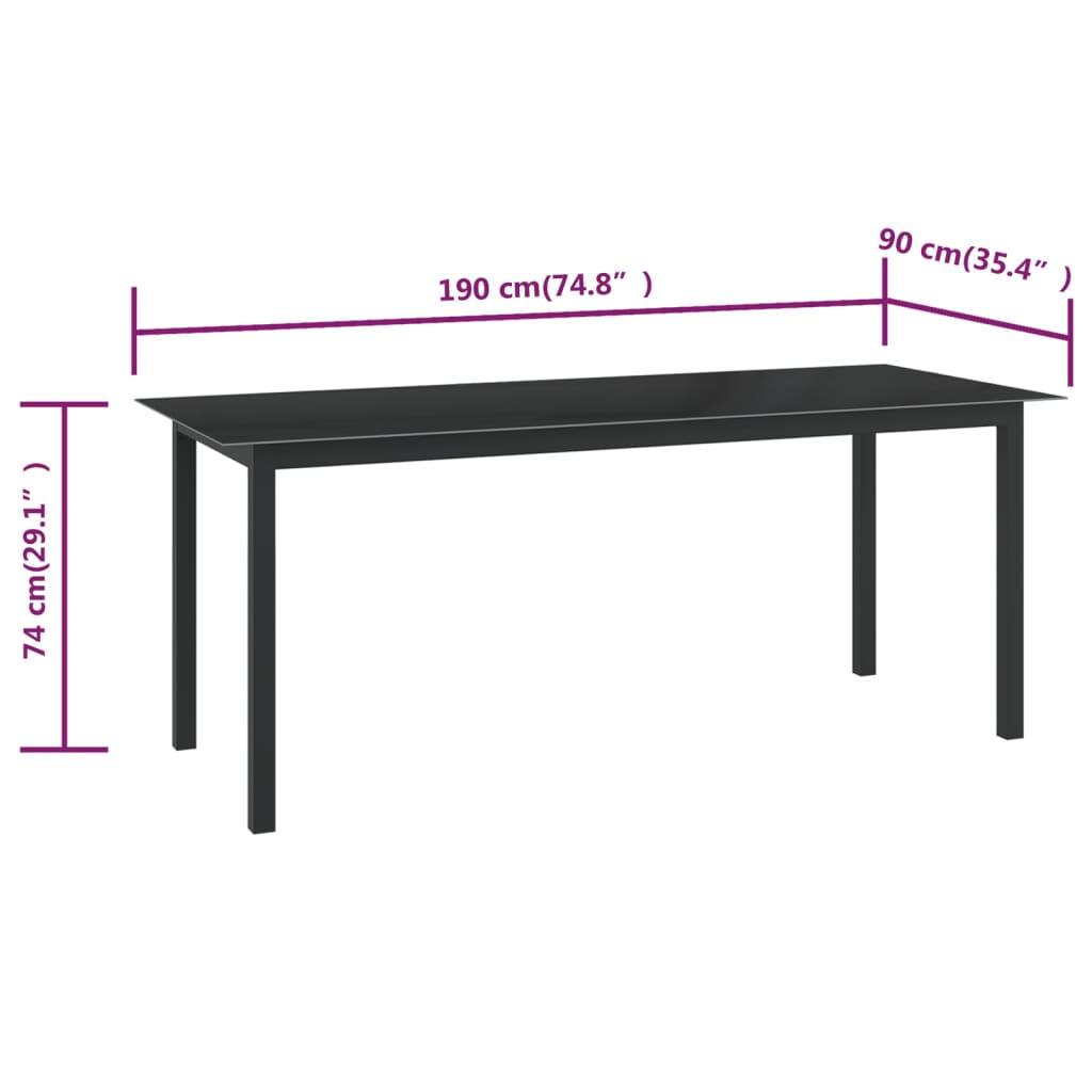 Table de jardin Noir 190x90x74 cm Aluminium et verre