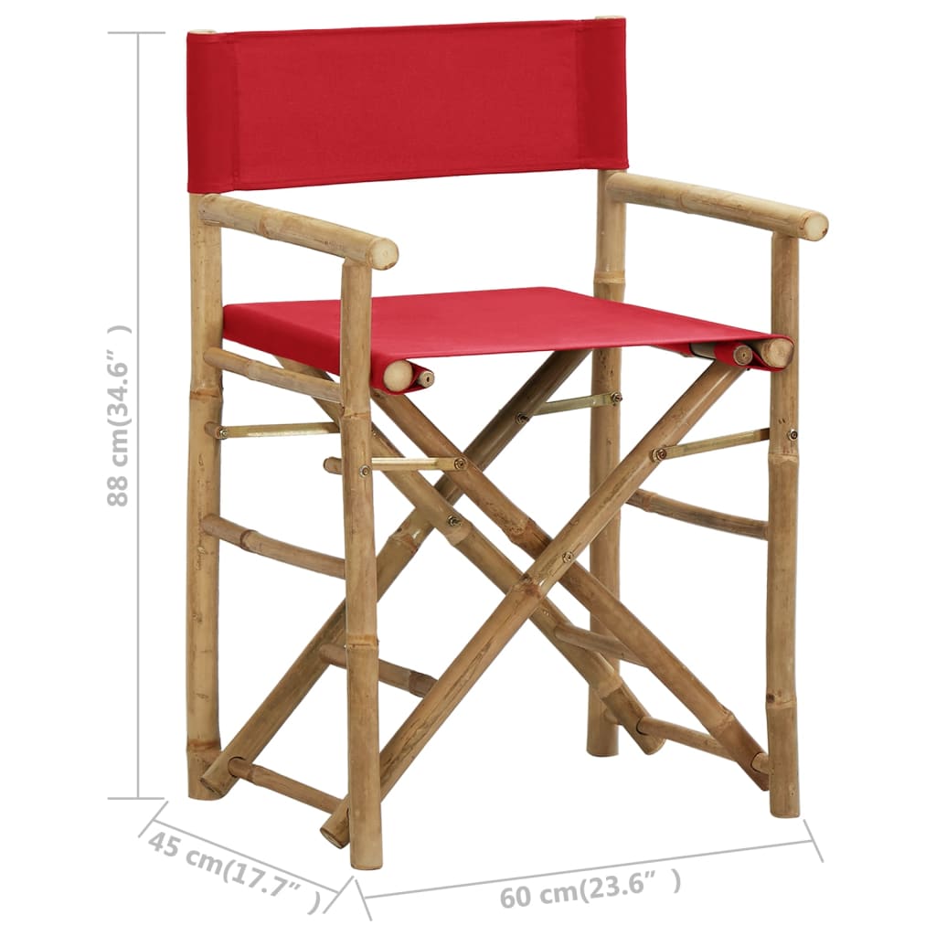 Chaises pliables de directeur lot de 2 Rouge Bambou et tissu