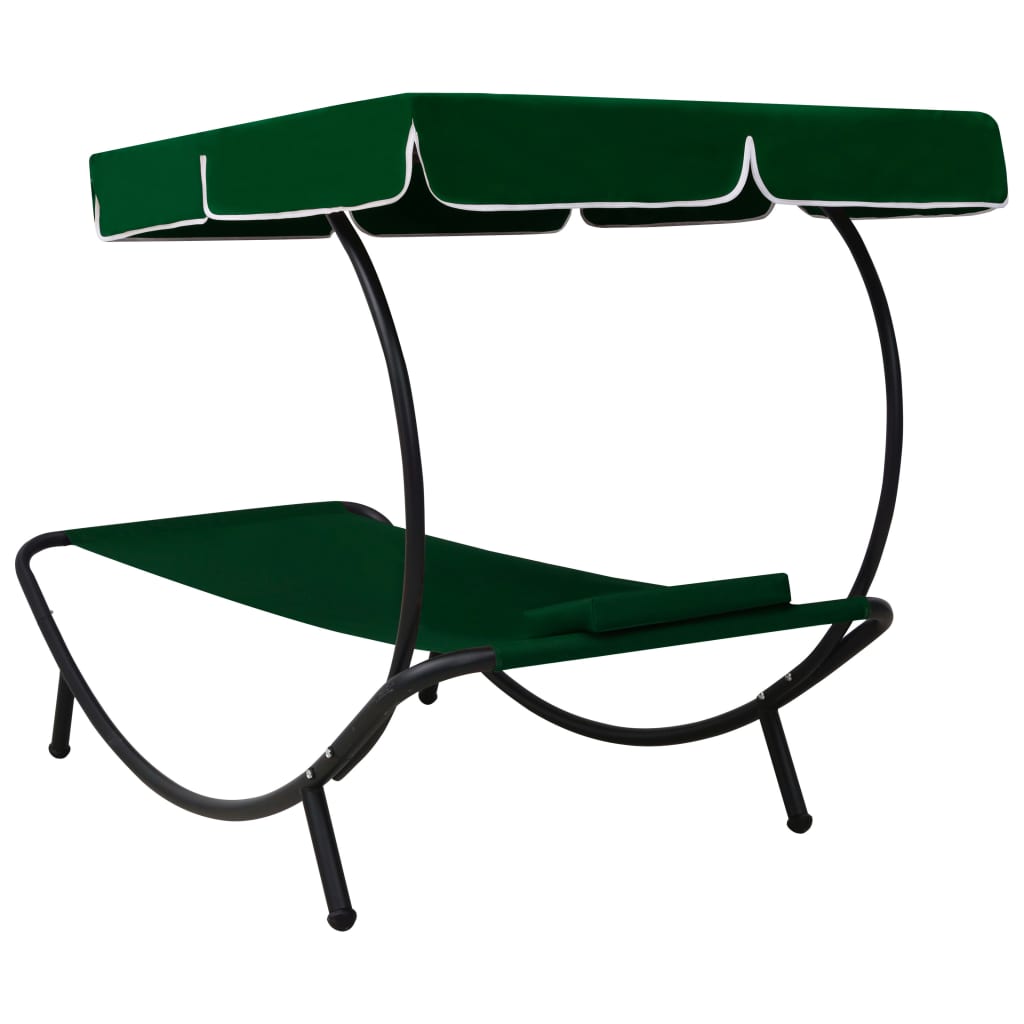 Chaise longue de jardin avec auvent et oreiller vert