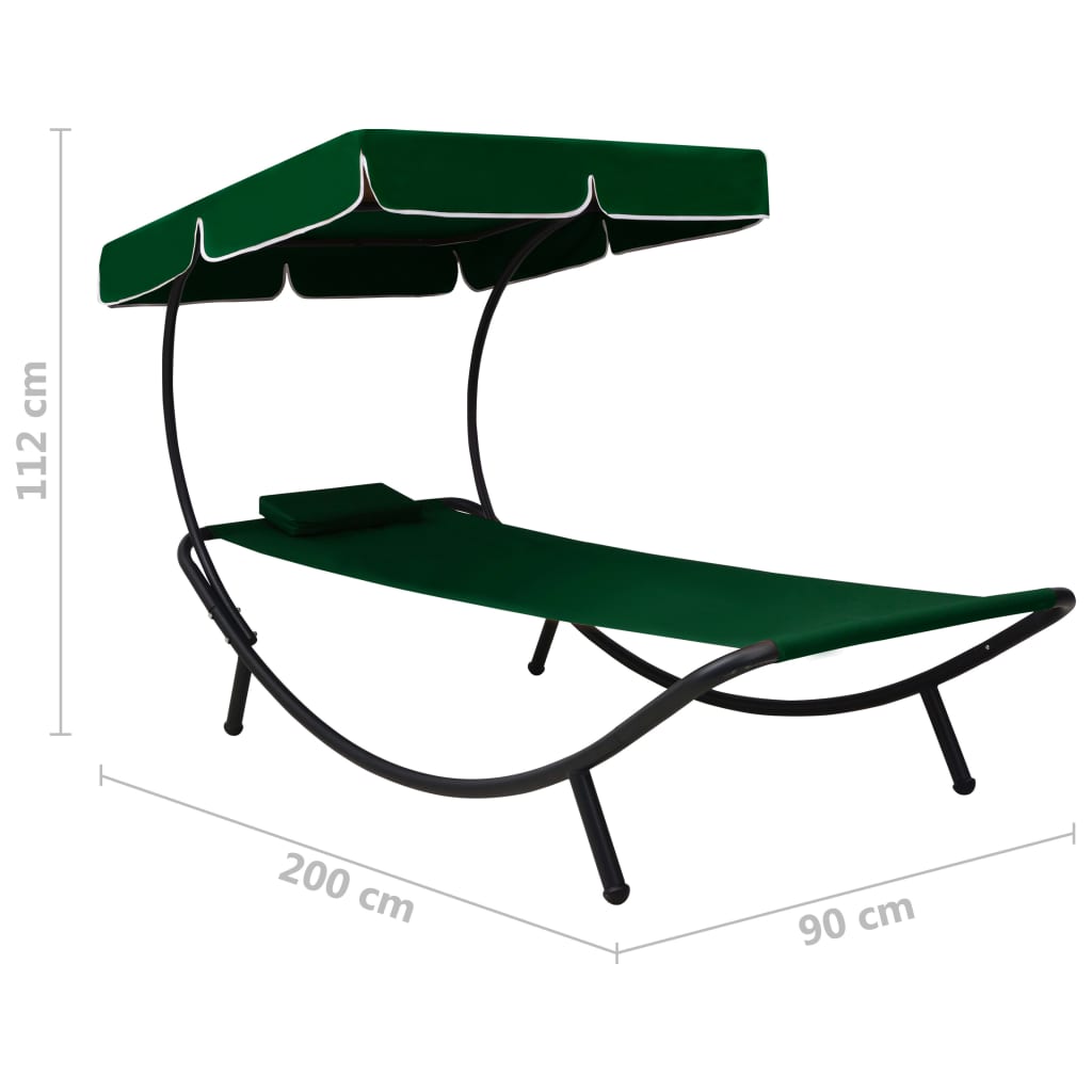 Chaise longue de jardin avec auvent et oreiller vert