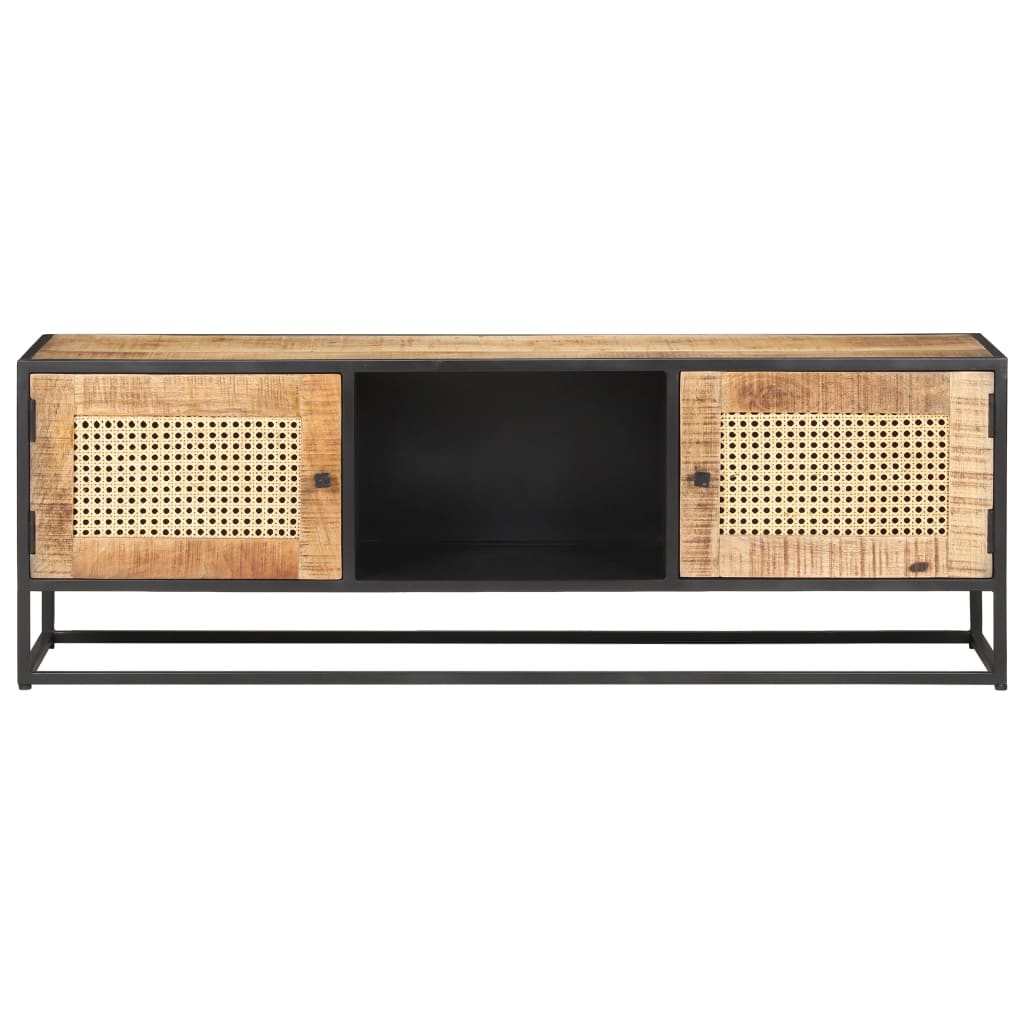 Meuble TV 120x30x40 cm Bois de manguier brut et canne naturelle