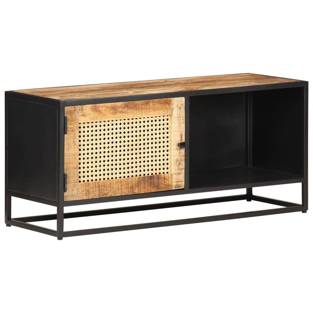 Meuble TV 90x30x40 cm Bois de manguier brut et canne naturelle