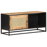 Meuble TV 90x30x40 cm Bois de manguier brut et canne naturelle