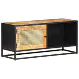 Meuble TV 90x30x40 cm Bois de manguier brut et canne naturelle