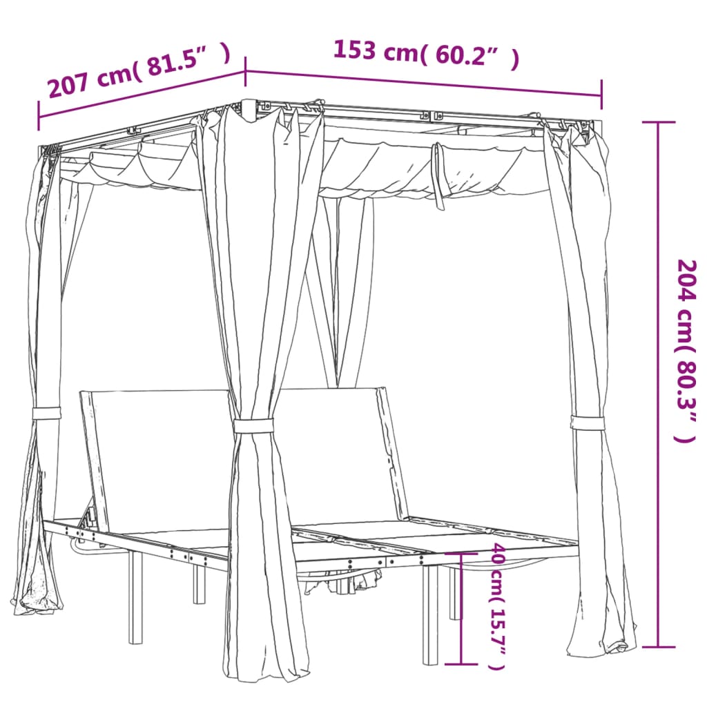 Chaise longue double avec rideaux latéraux et supérieurs