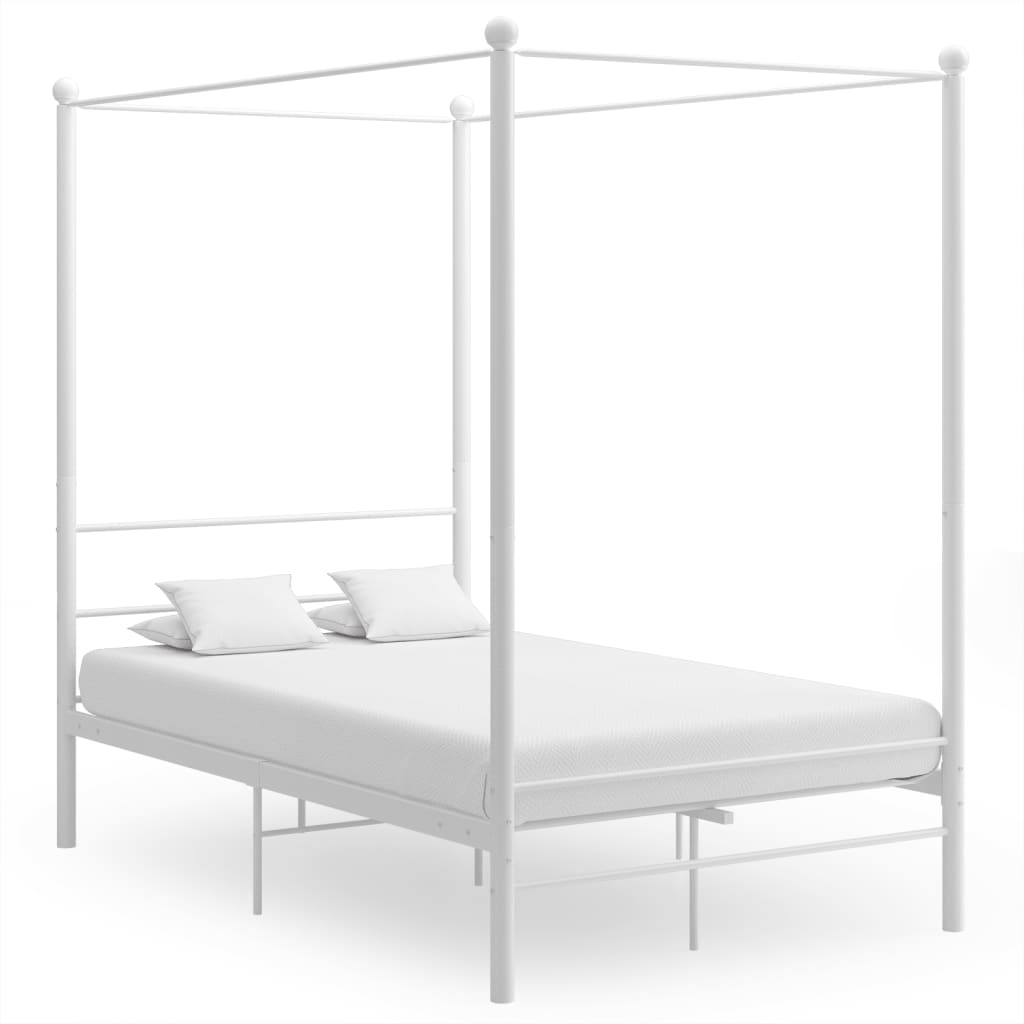 White four-poster bed frame without mattress 140x200 cm metal