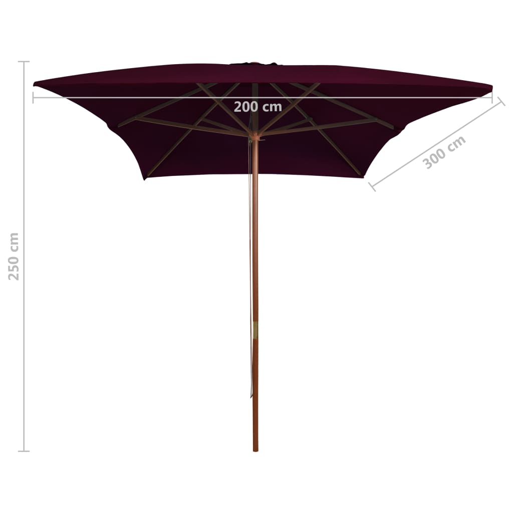 Garden parasol with wooden pole in burgundy red 200x300 cm