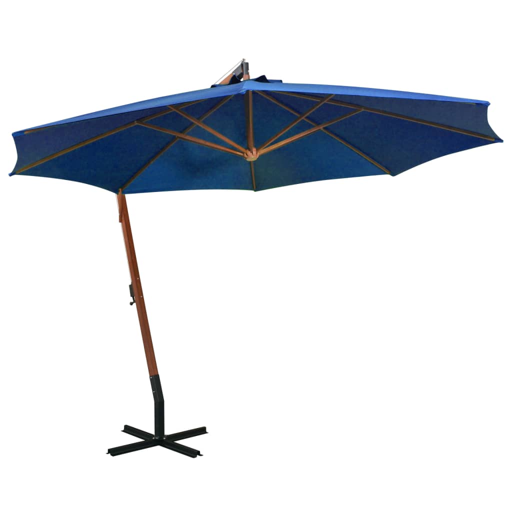 Hanging garden parasol with azure blue pole made of fir wood