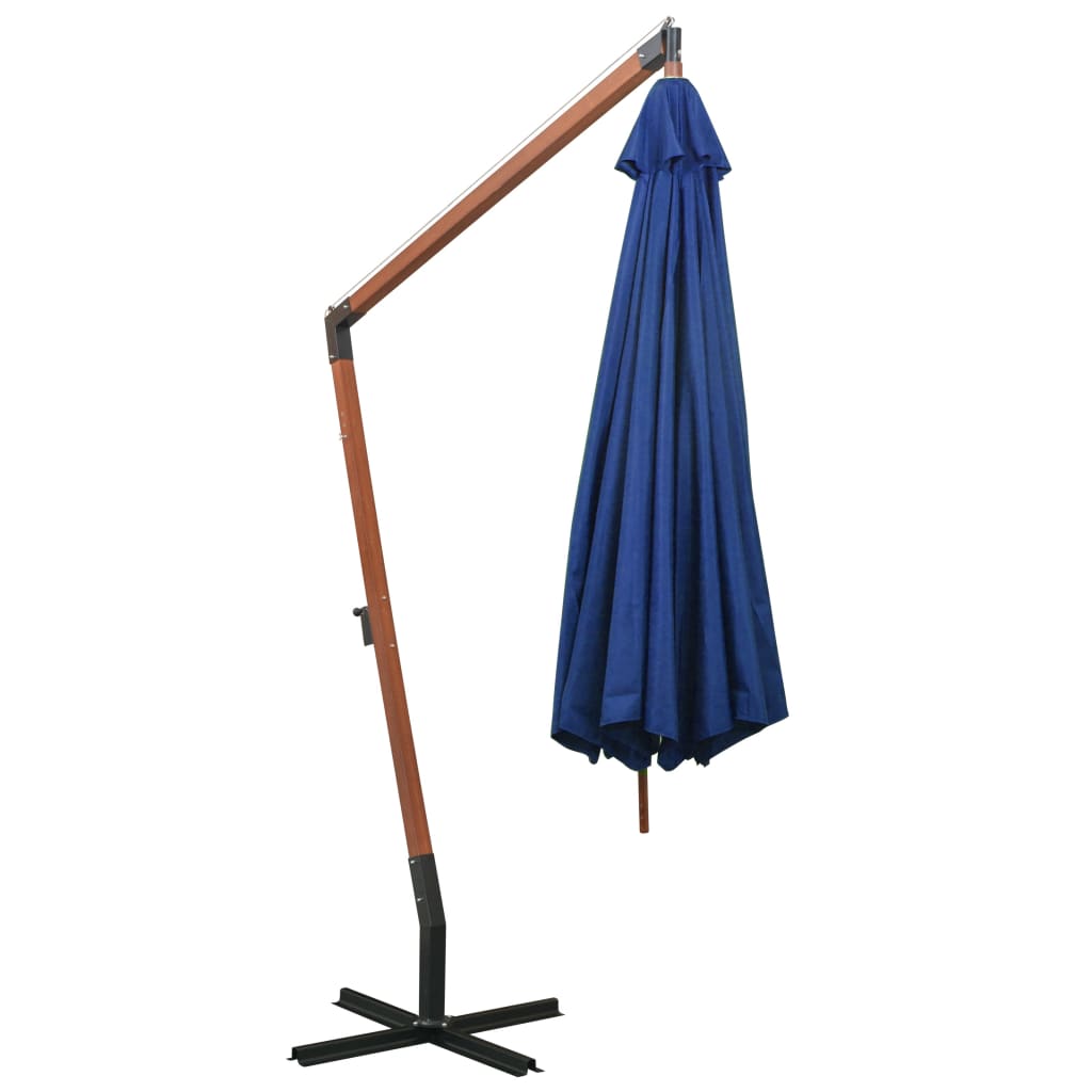 Hanging garden parasol with azure blue pole made of fir wood