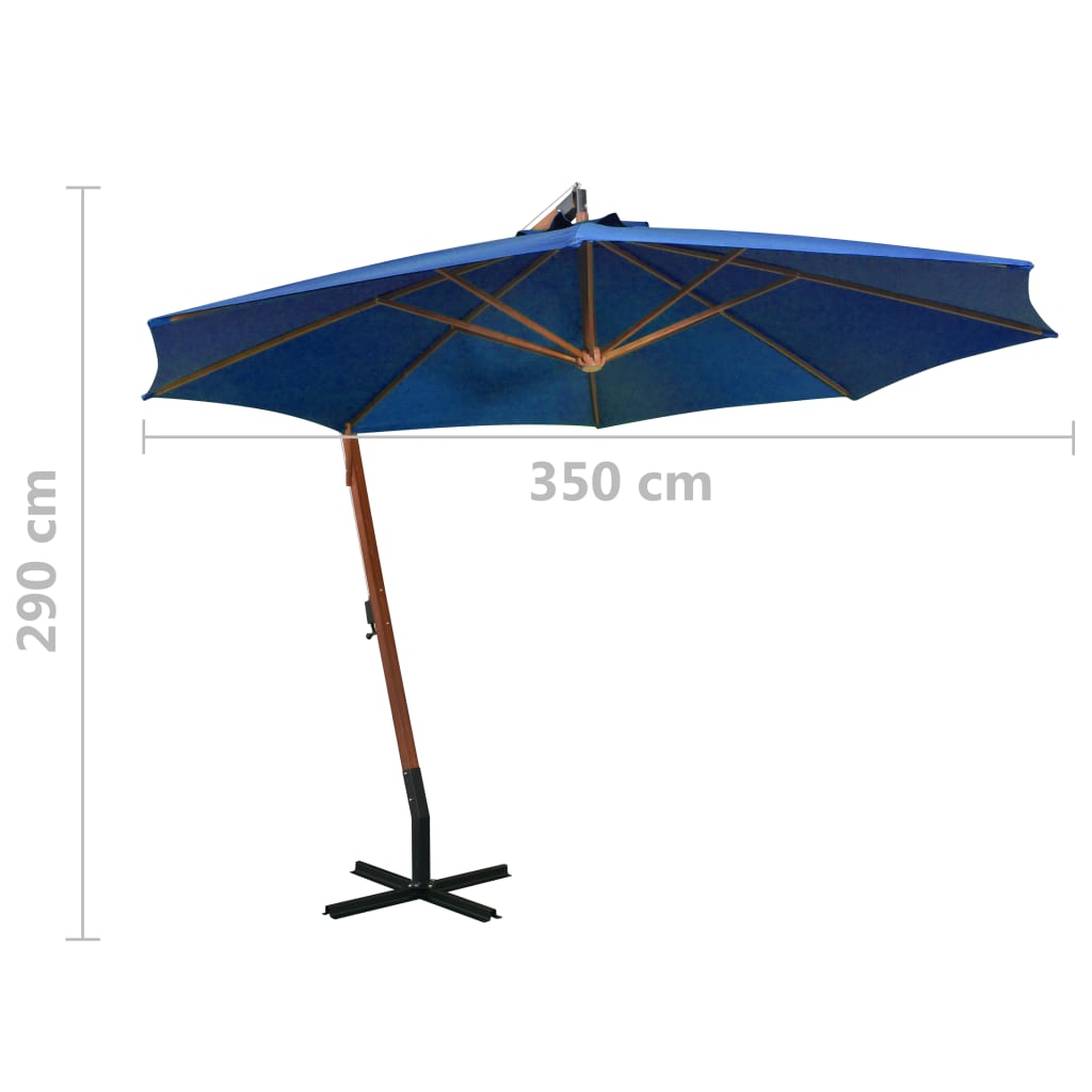 Hanging garden parasol with azure blue pole made of fir wood