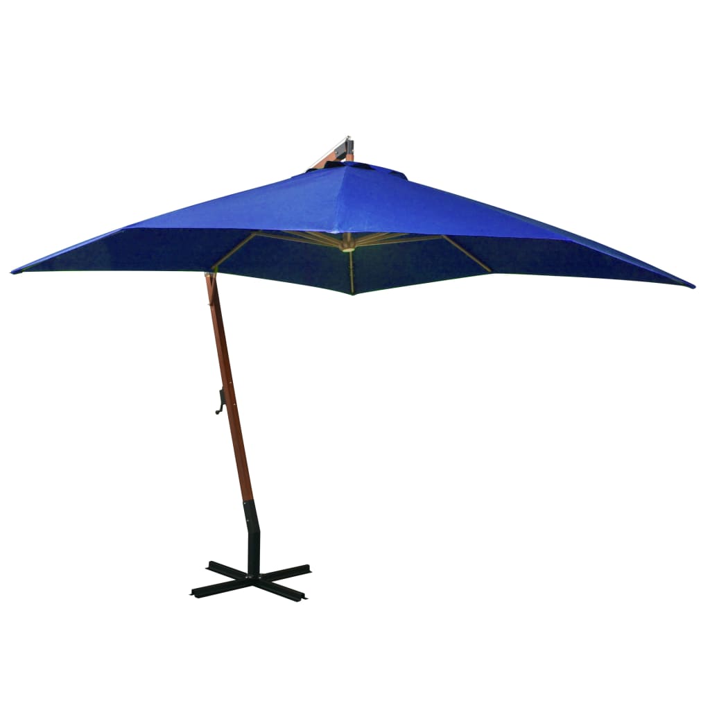 Hanging garden parasol with azure blue pole made of fir wood