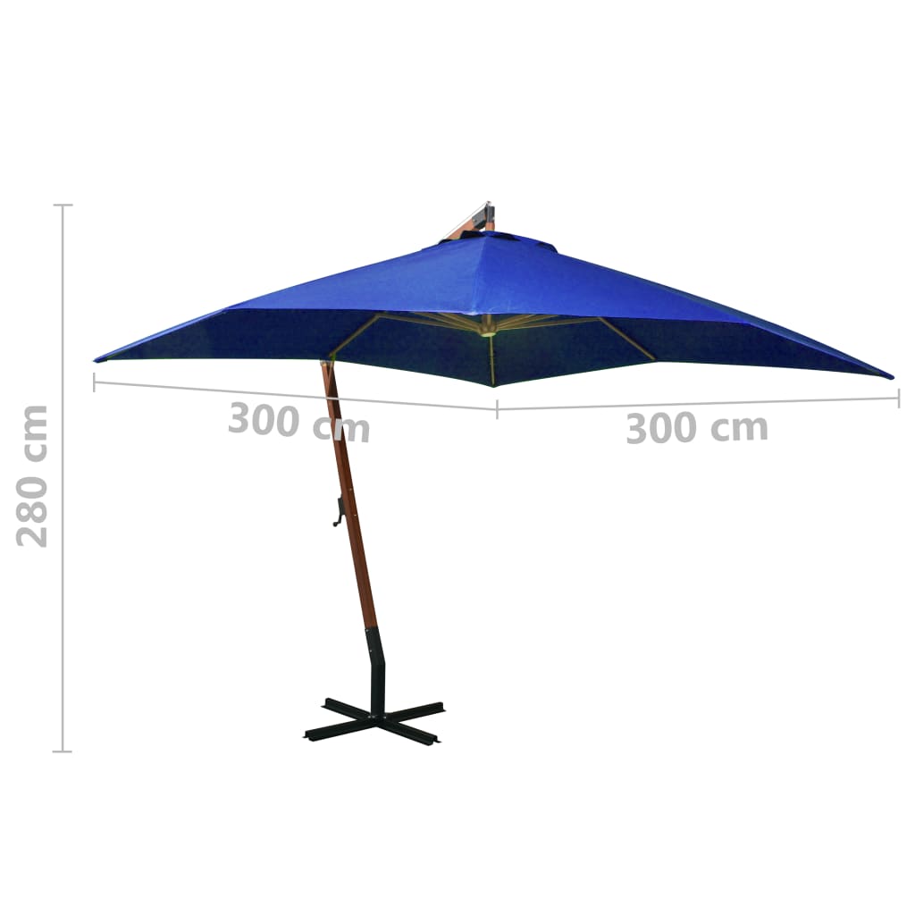 Hanging garden parasol with azure blue pole made of fir wood