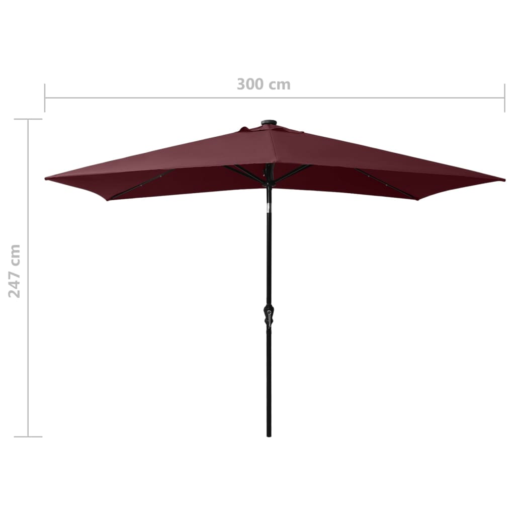 Garden parasol with LED and burgundy red steel pole 2x3 m