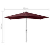 Garden parasol with LED and burgundy red steel pole 2x3 m