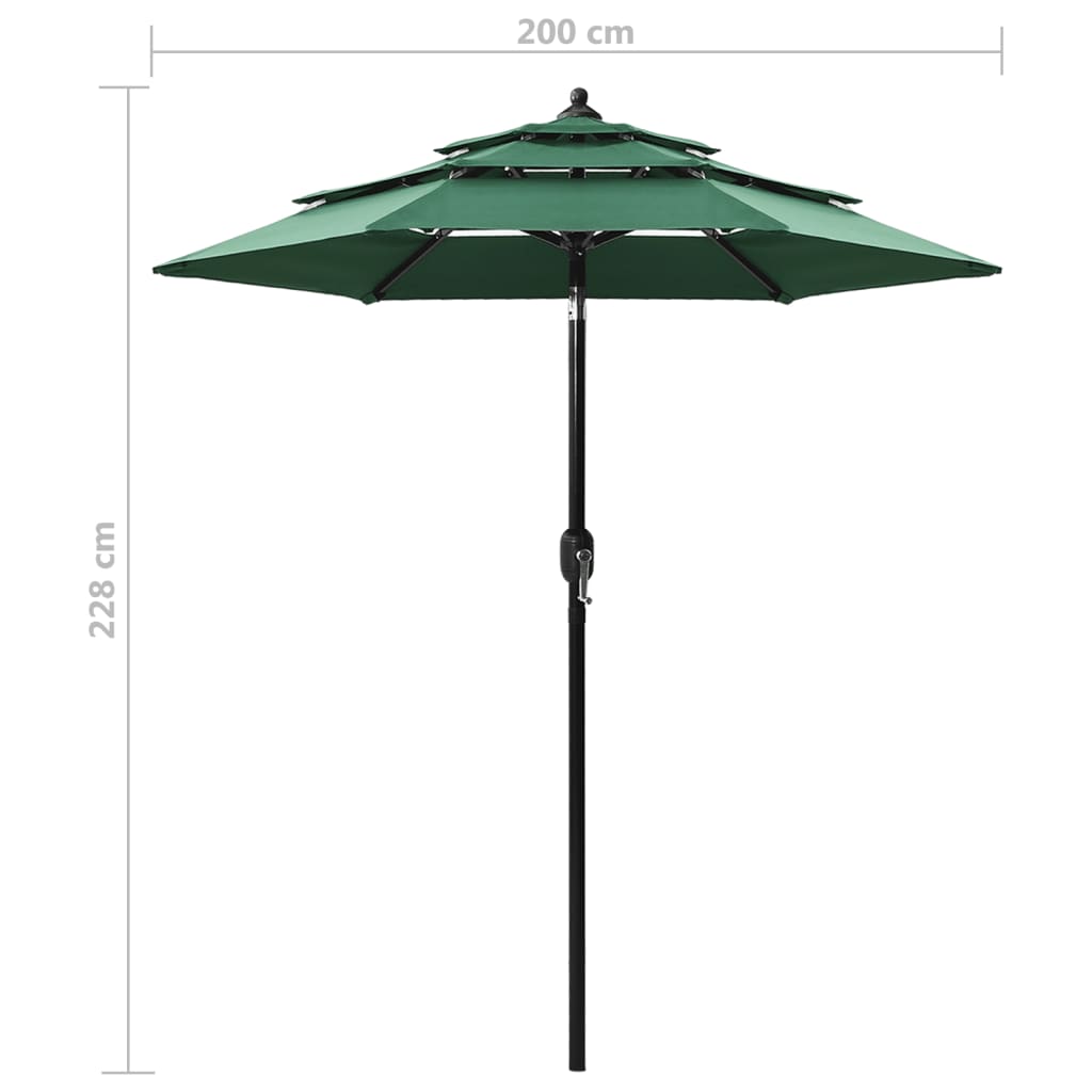 Parasol de jardin à 3 niveaux avec mât en aluminium vert 2 m