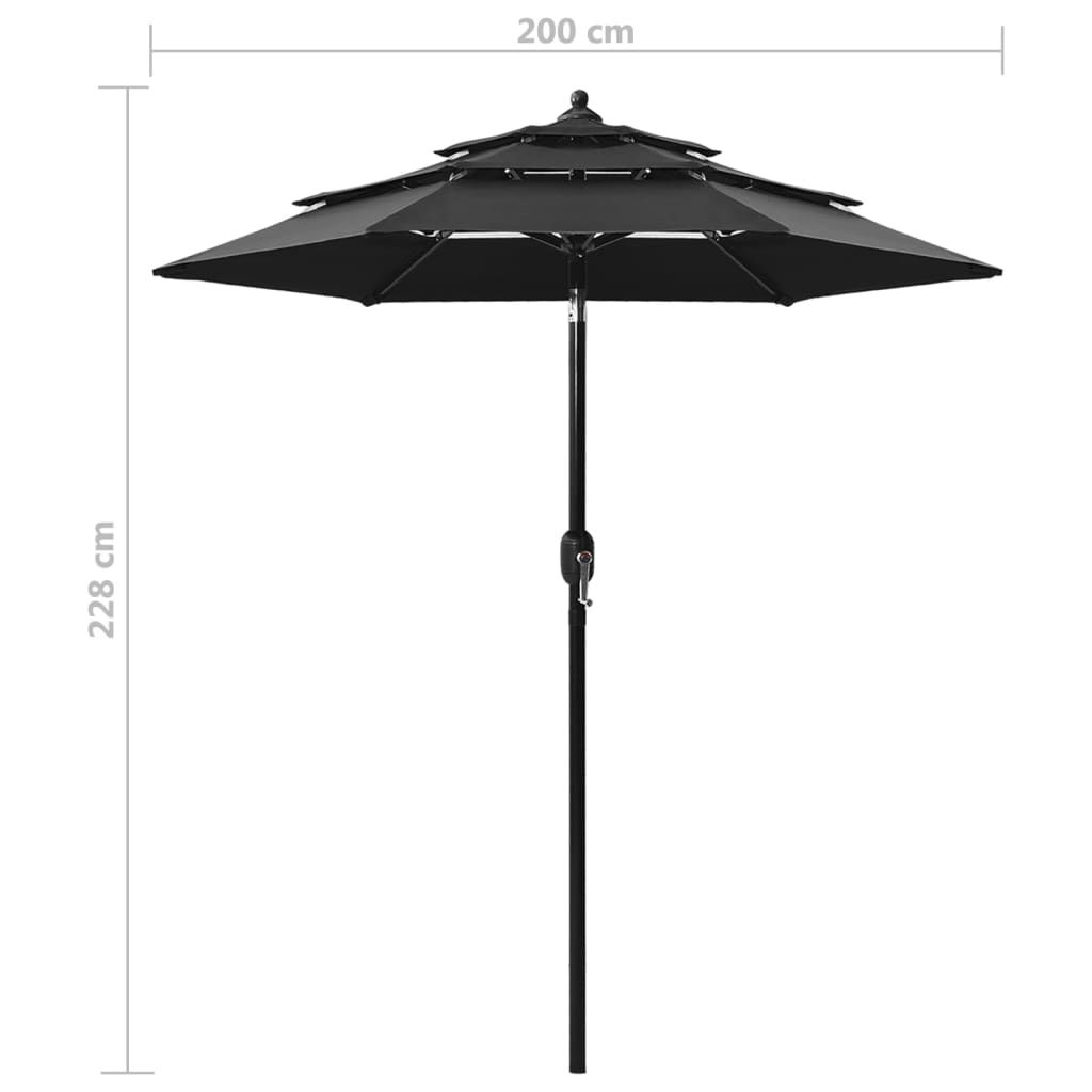 Parasol de jardin à 3 niveaux avec mât en aluminium noir