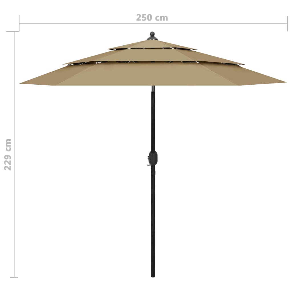 Parasol de jardin à 3 niveaux avec mât en aluminium taupe 2,5 m