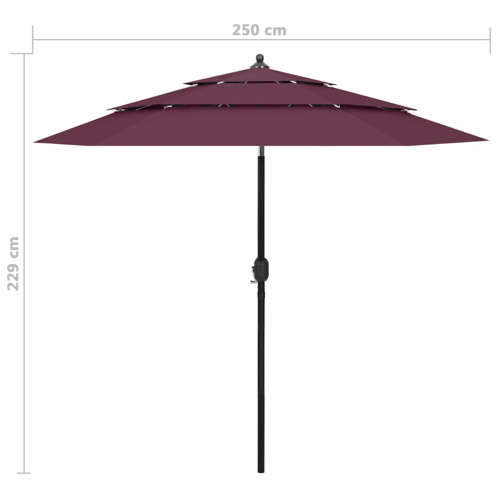 Parasol de jardin à 3 niveaux mât en aluminium rouge bordeaux