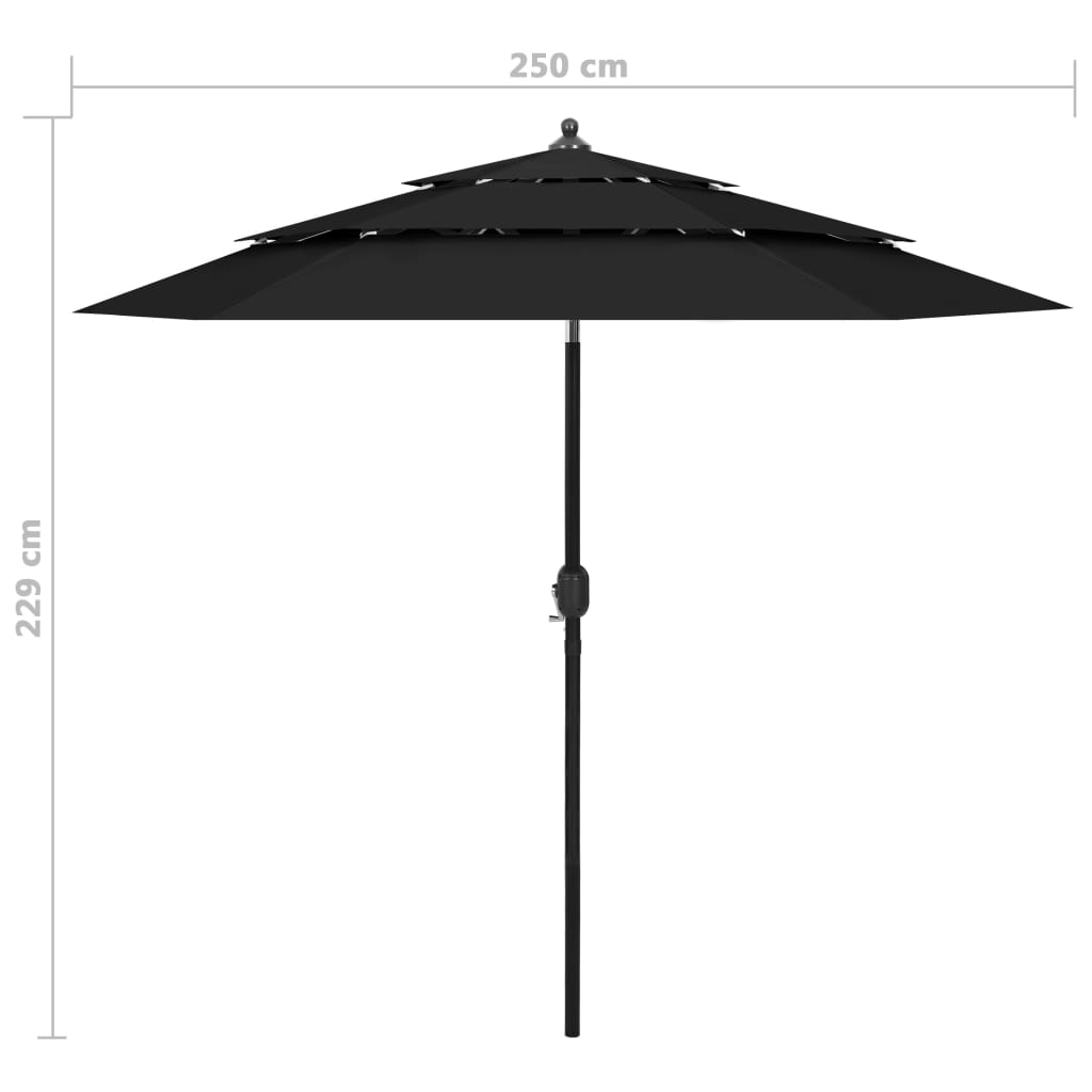 Parasol de jardin à 3 niveaux avec mât en aluminium noir 2,5 m