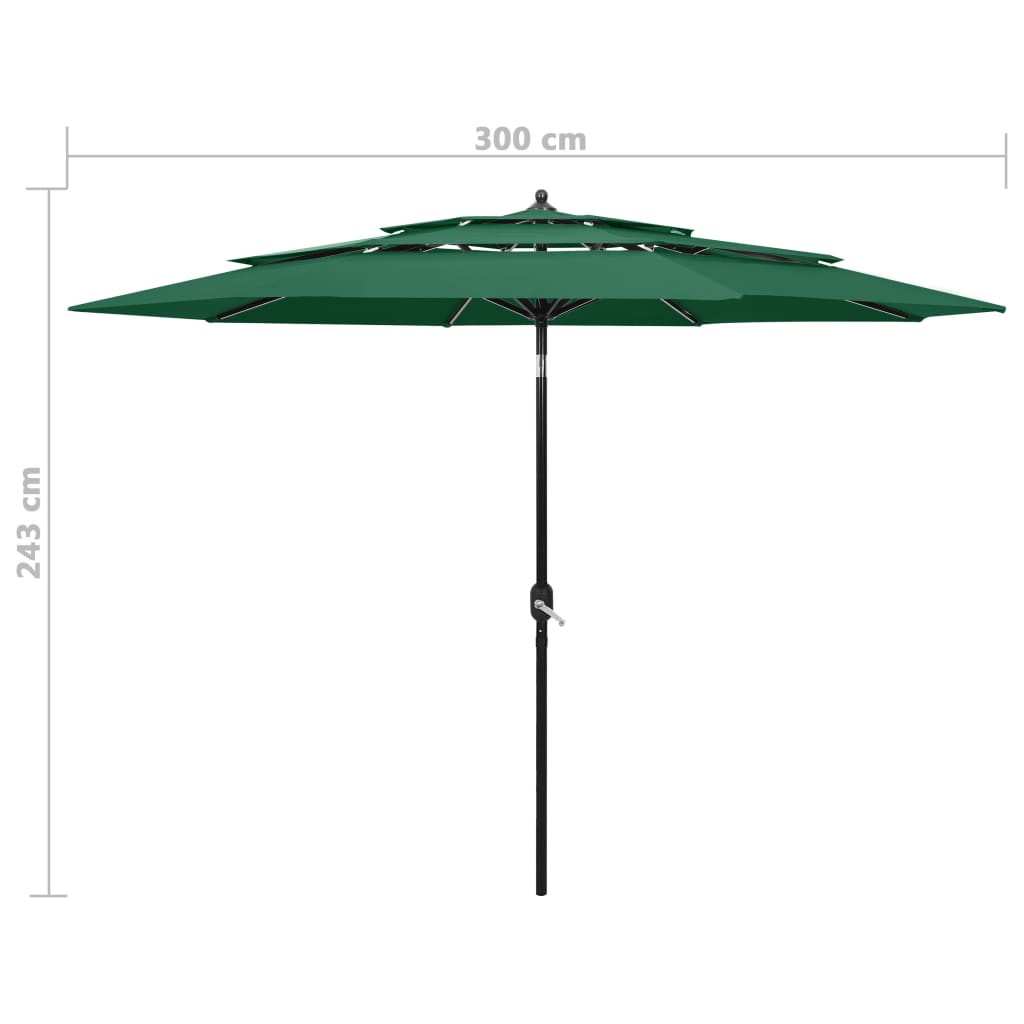 Parasol de jardin à 3 niveaux avec mât en aluminium vert 3 m