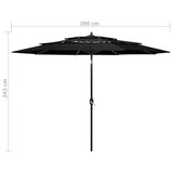 Parasol de jardin à 3 niveaux avec mât en aluminium noir 3 m