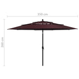 Parasol de jardin à 3 niveaux mât en aluminium rouge bordeaux