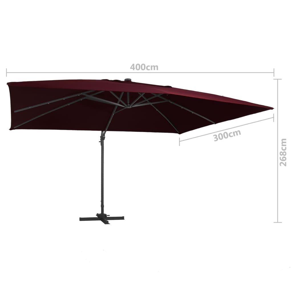 Parasol de jardin en porte-à-faux lumières LED rouge bordeaux