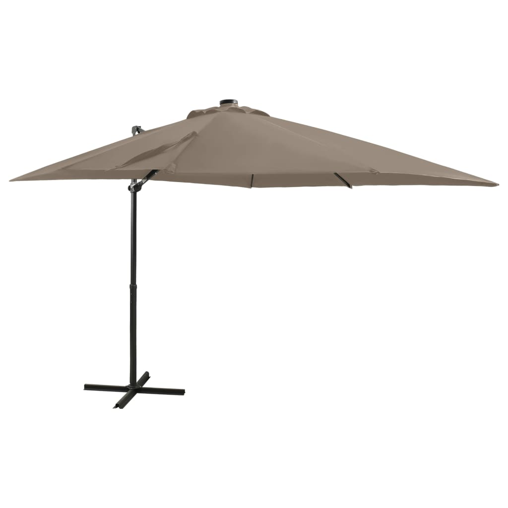 Parasol de jardin en porte-à-faux et mât et lumières LED taupe