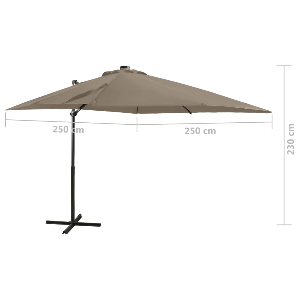 Parasol de jardin en porte-à-faux et mât et lumières LED taupe