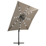 Parasol de jardin en porte-à-faux et mât et lumières LED taupe