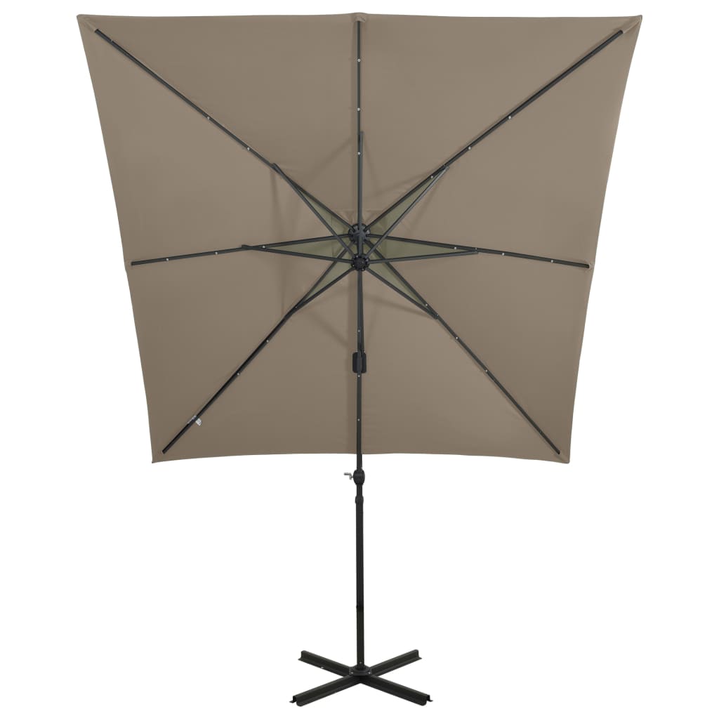 Parasol de jardin en porte-à-faux et mât et lumières LED taupe