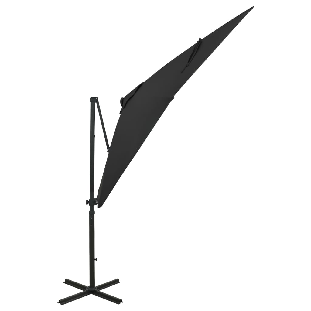 Parasol de jardin en porte-à-faux et mât et lumières LED noir