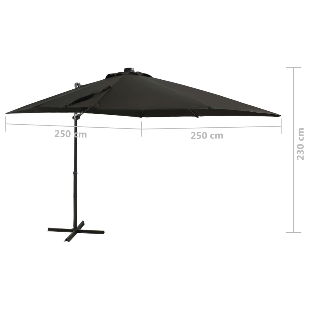 Parasol de jardin en porte-à-faux et mât et lumières LED noir