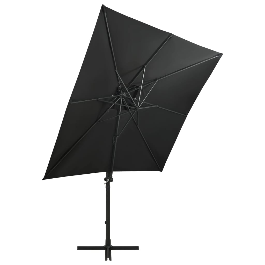 Parasol de jardin en porte-à-faux et mât et lumières LED noir