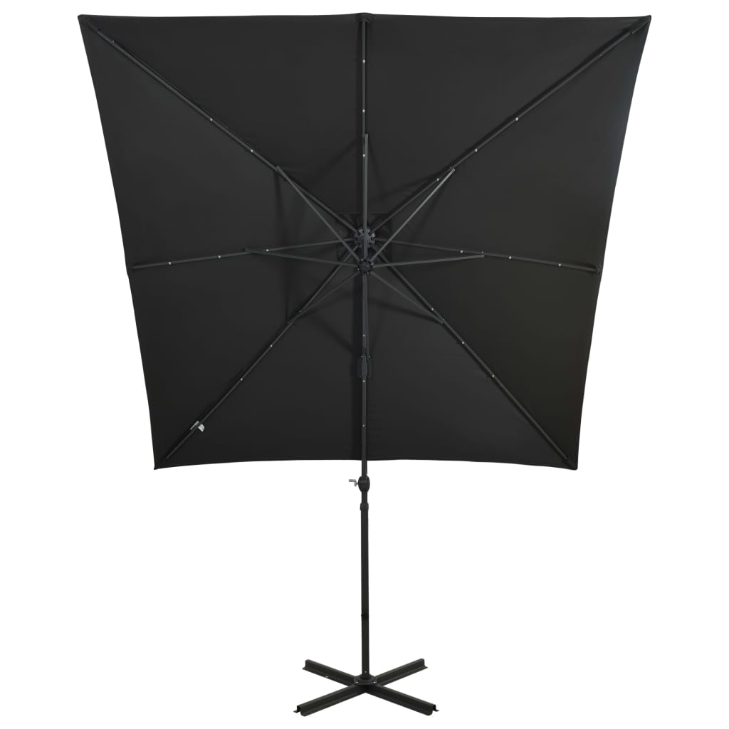 Parasol de jardin en porte-à-faux et mât et lumières LED noir