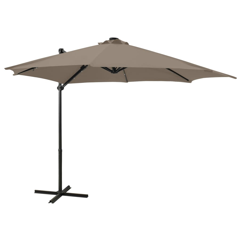 Parasol de jardin en porte-à-faux et mât et lumières LED taupe