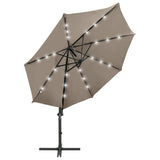 Parasol de jardin en porte-à-faux et mât et lumières LED taupe