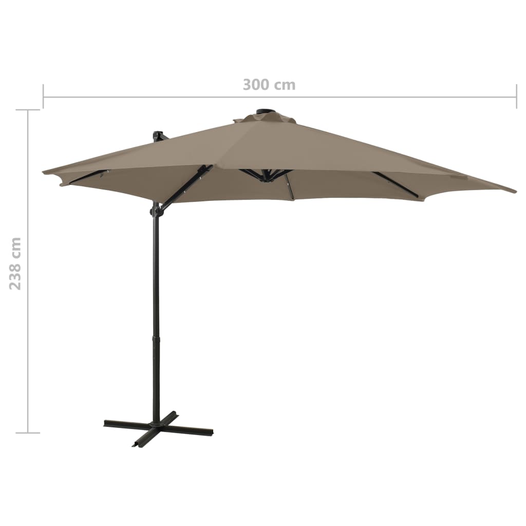 Parasol de jardin en porte-à-faux et mât et lumières LED taupe