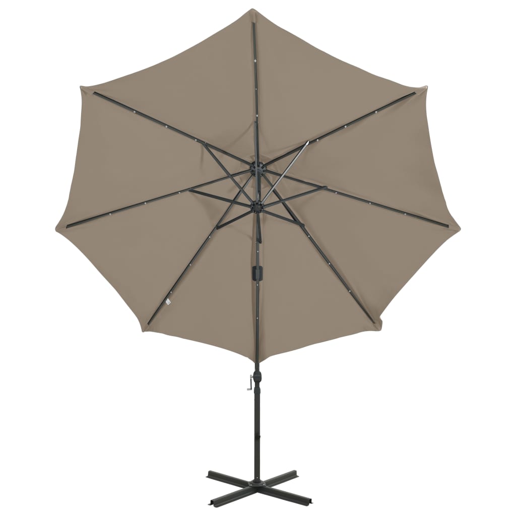 Parasol de jardin en porte-à-faux et mât et lumières LED taupe