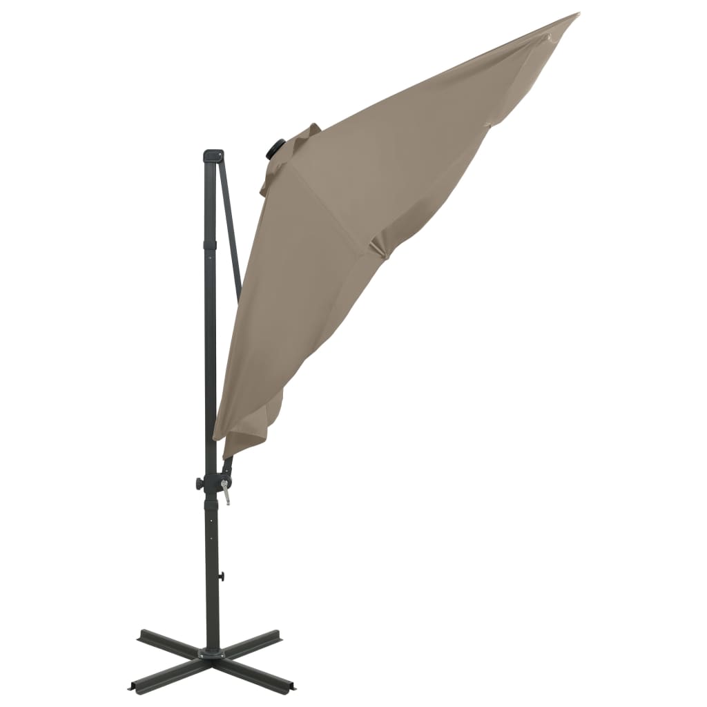 Parasol de jardin en porte-à-faux et mât et lumières LED taupe