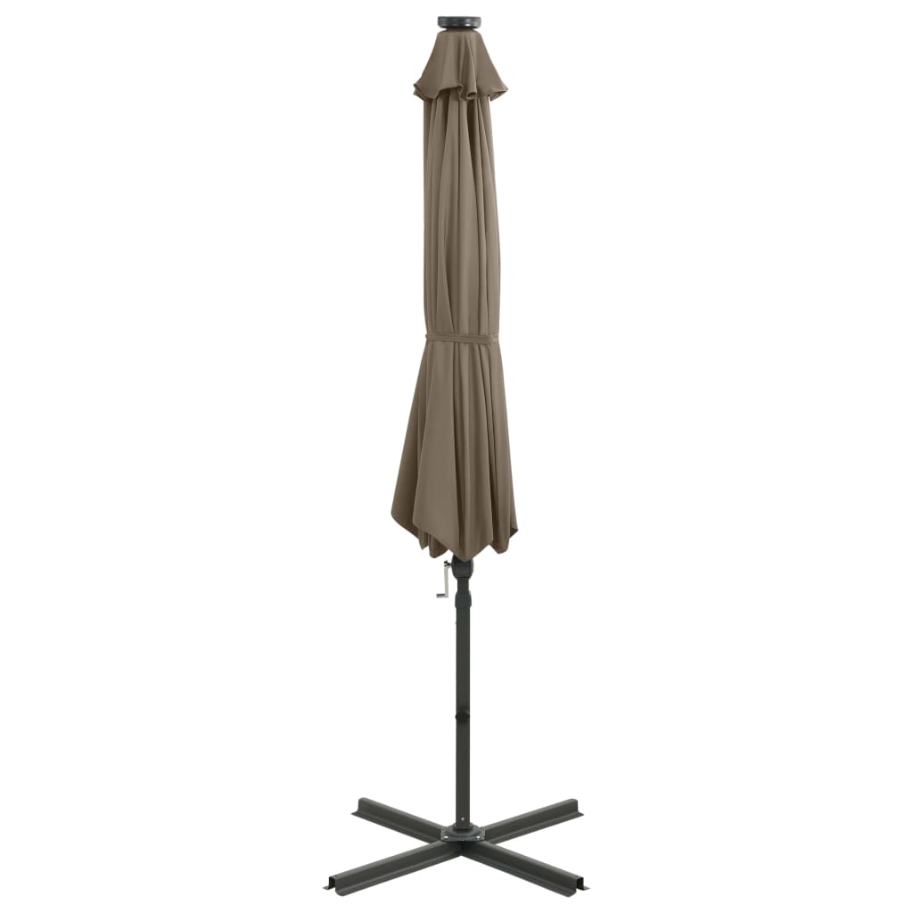 Parasol de jardin en porte-à-faux et mât et lumières LED taupe